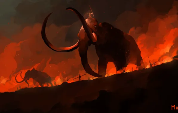 Picture Figure, Smoke, Fire, Art, Illustration, Mammoth, Dominik Mayer, by Dominik Mayer, Daily Spitpaint, 30 minutes …