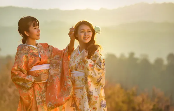 Picture smile, haze, kimono, two girls, gesture, Asian girls, friend, flower in hair