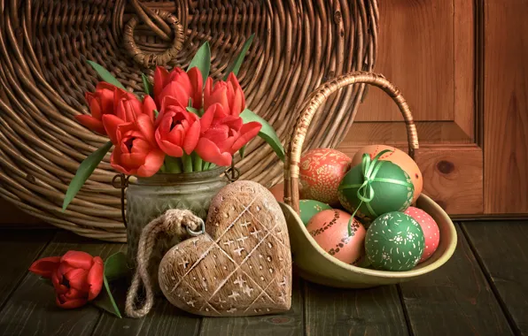 Picture flowers, eggs, spring, Easter, tulips, red, love, happy, heart, flowers, tulips, spring, Easter, eggs, decoration