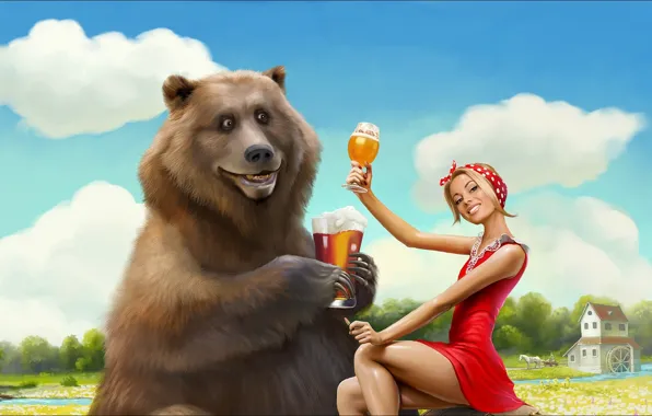 Picture girl, Art, bear, beer, funny, picture, weekend, Situation