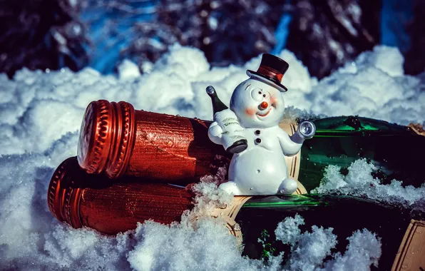 Picture snowman, cool, drunk, souvenir, toast, with the holiday, sitting on champagne