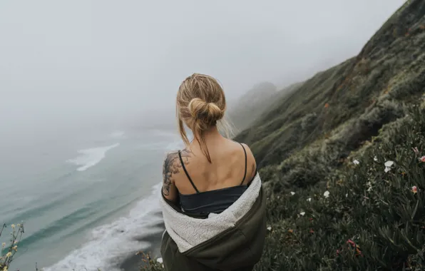 Picture sea, wave, girl, mountains, fog, shore, hair, calm, back, tattoo, tattoo, shoulders