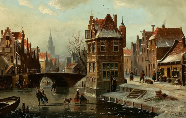 Picture Dutch painter, Dutch artist, oil on canvas, Johannes Franciscus Spohler, Scene on the canal with …