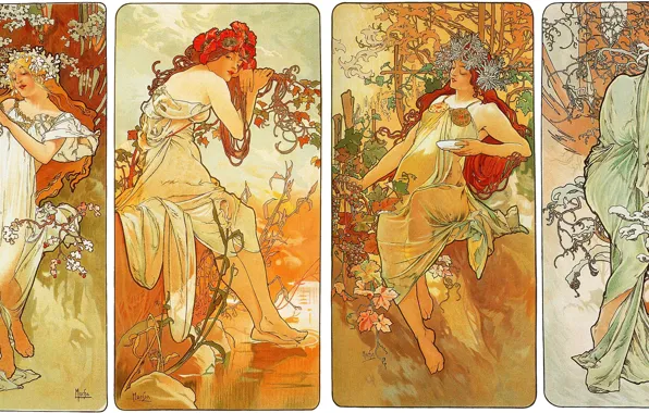 Picture winter, autumn, summer, flowers, seasons, spring, composition, female images, Alphonse Mucha, Alfons Maria Mucha