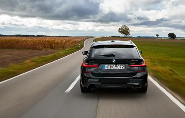 Picture road, black, BMW, rear view, 3-series, universal, 3P, 2020, 2019, G21, M340i xDrive Touring