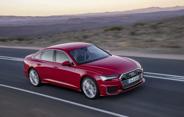 Picture road, red, Audi, sedan, 2018, four-door, A6 Sedan
