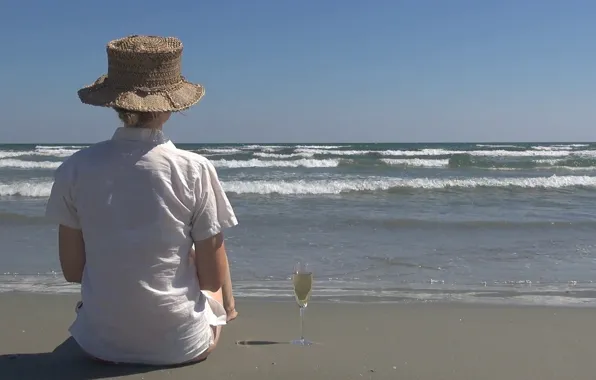 Picture sea, beach, girl, glass, hat, champagne