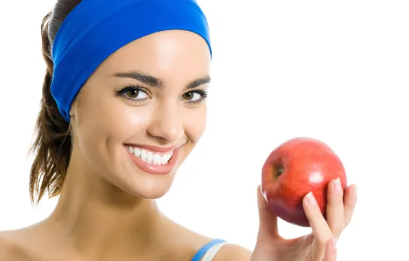 Picture look, close-up, smile, Apple, hand, portrait, makeup, hairstyle, white background, headband, brown hair, beauty