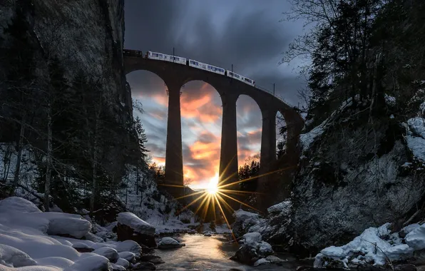 Picture winter, forest, the sun, rays, snow, landscape, sunset, mountains, nature, river, stones, train, Switzerland, viaduct, …