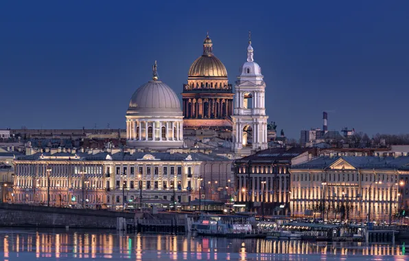Picture the city, river, the evening, Peter, lighting, Saint Petersburg, architecture, dome, Neva, ships, Isaac Coll