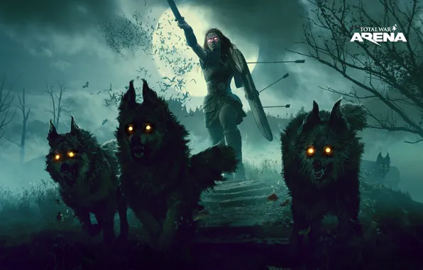 Picture dark, moon, sword, wolf, total war, wolves, shield, arrows, female, attack, Total War Arena, Boudica
