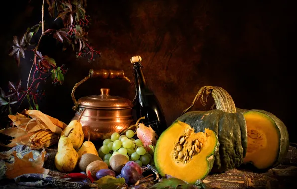 Picture the dark background, wine, bottle, food, kettle, grapes, pumpkin, fruit, still life, pear, items, composition