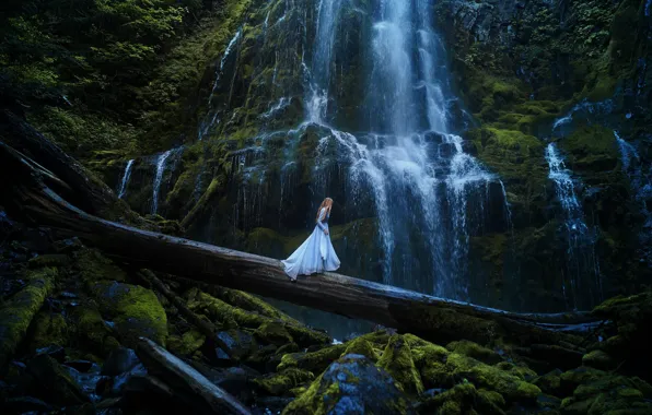 Picture girl, landscape, nature, pose, stones, rocks, shore, waterfall, moss, stream, dress, log, Princess, crossing, long-haired, …