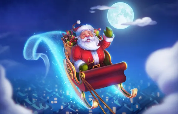 Picture Winter, Night, Figure, The moon, Christmas, Holiday, Santa Claus, Art, Christmas, Santa Claus, Illustration, Sleigh, …