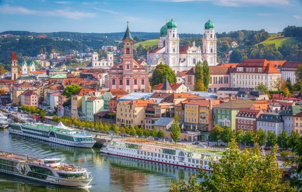 Picture river, building, home, Germany, pier, Bayern, promenade, Germany, Bavaria, Passau, ships, Passau, River Danube, The …