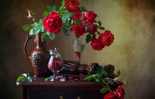 Picture flowers, berries, roses, glasses, table, pitcher, still life, cranberry