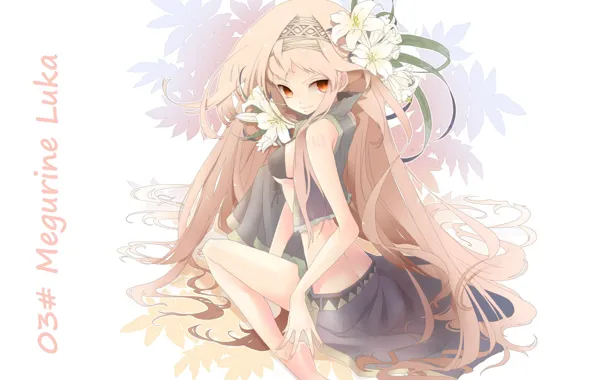 Picture leaves, vocaloid, Vocaloid, pink hair, white lilies, Megurine Luka, flower in hair, sideways, sitting on …