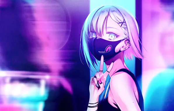 Picture girl, smile, mask, anime girl, coloful, peace sign