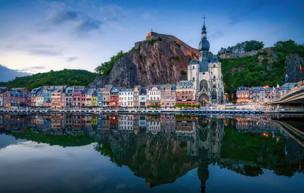 Picture rock, reflection, river, building, mountain, home, Church, Belgium, Belgium, Dinant, River Meuse, Dinan, Church Of …