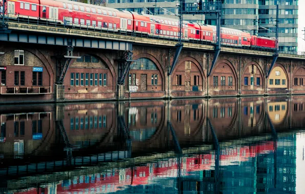 Picture water, the city, reflection, the building, train, cars