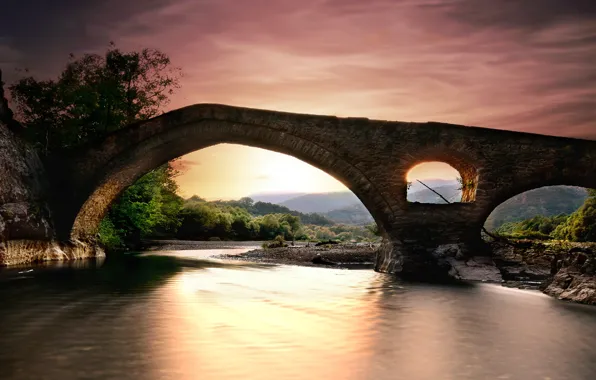 Picture landscape, sunset, bridge, nature, river, Greece, forest, Bank
