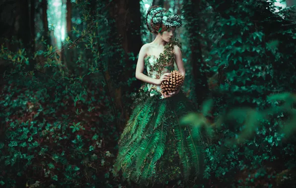 Picture greens, forest, girl, style, dress, fantasy, image, nymph, photoart, Kindra Nikole