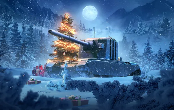 Picture night, holiday, the moon, Christmas, tank, New year, tanks, World of Tanks, бабаха