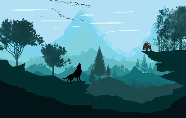 Picture mountain, wolf, vector, bear