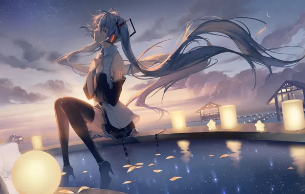 Picture water, clouds, the wind, lights, vocaloid, hatsune miku, blue hair, the reflection in the water, …