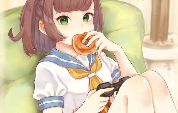 Picture girl, donut, green eyes, hisataashikari