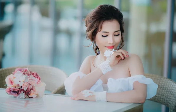 Picture girl, smile, bouquet, Asian, the bride, table