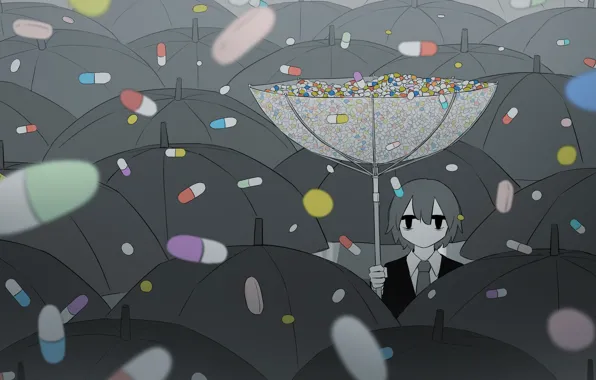 Picture surrealism, umbrella, pills, guy, by avogado6