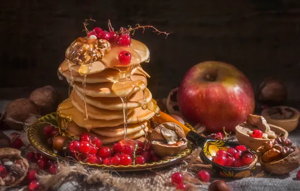 Picture berries, Apple, spoon, nuts, honey, pancakes, red currant, Vladimir Volodin