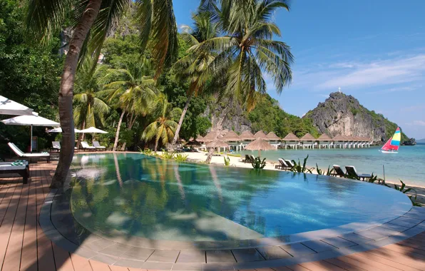 Picture beach, palm trees, the ocean, pool, resort, Villa, Bungalow, Philippines, Palawan, Filipíny, Taytay, El Nido …