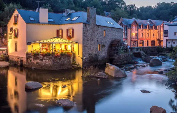 Picture trees, lights, stones, France, home, the evening, cafe, river, Pont-Aven