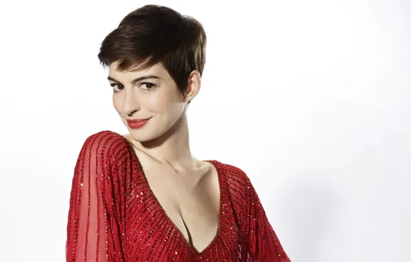 Picture look, pose, makeup, actress, singer, with short hair, Anne Hathaway, Anne Hathaway