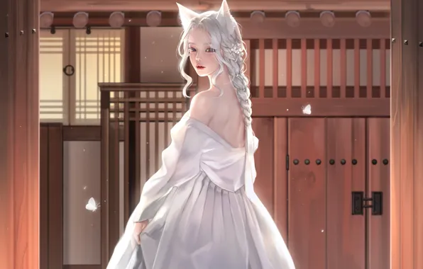 Picture butterfly, Japan, door, neckline, temple, braid, priestess, cat ears, white clothes, sideways, long white hair