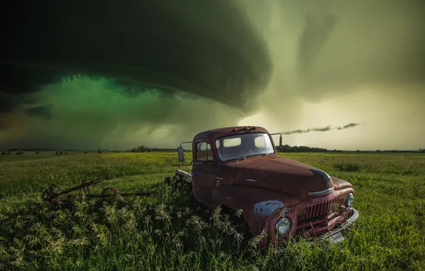 Picture field, machine, the sky, clouds, storm, pickup, truck
