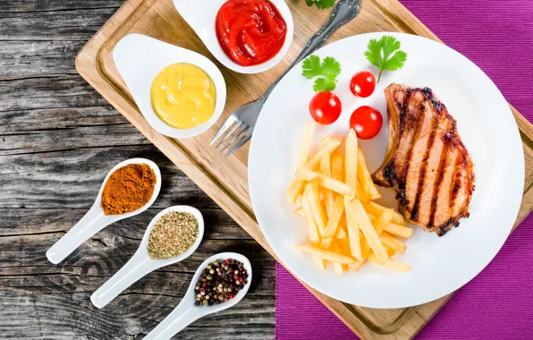 Picture food, plate, meat, wood, ketchup, napkin, spices, grill, cutting Board, mustard, tomatoes-cherry, French fries