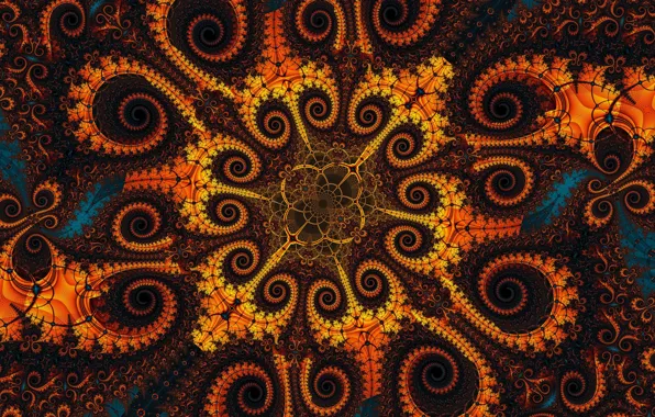 Picture orange, yellow, abstraction, pattern, spiral, fractal, brown, ornament, floral, математическая вселенная