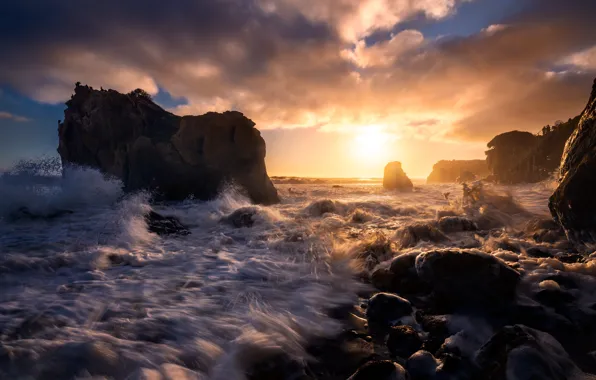 Picture sea, wave, sunset, stones, rocks
