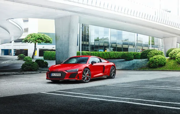 Picture road, auto, red, Audi, the building, performance, R8 V10