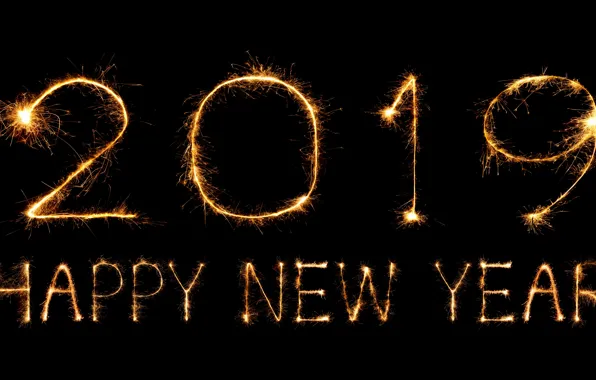 Picture gold, New Year, figures, golden, black background, black, background, New Year, Happy, sparkle, 2019