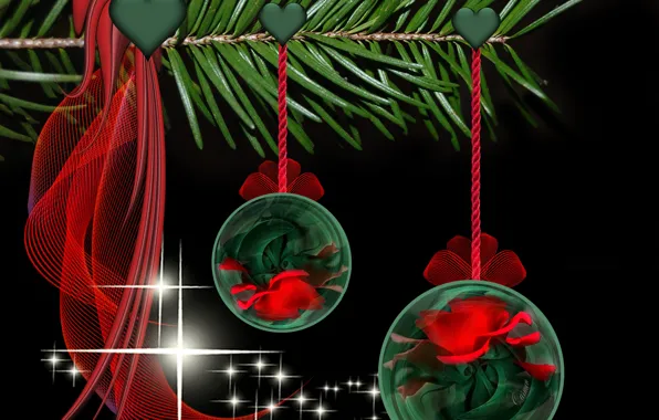 Picture decoration, balls, Christmas, hearts, black background, veil, postcard, glitter, fir branch