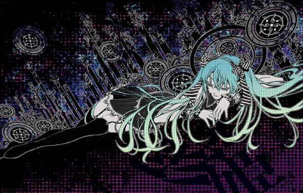 Picture characters, vocaloid, Hatsune Miku, Vocaloid, blue hair, black stockings, hair bow, lying on his side, …