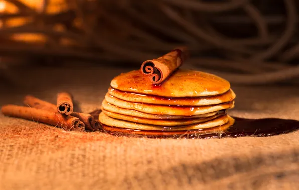 Picture table, stack, cinnamon, cakes, syrup, pancakes, pancake