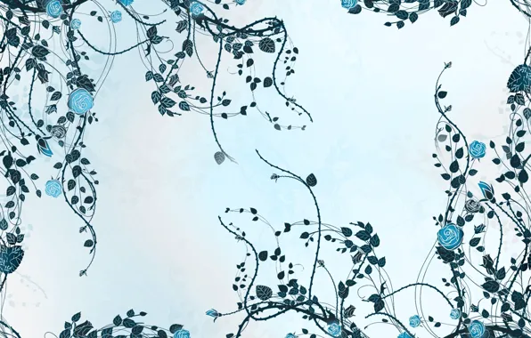 Picture branches, background, blue, roses, vector, blue, art