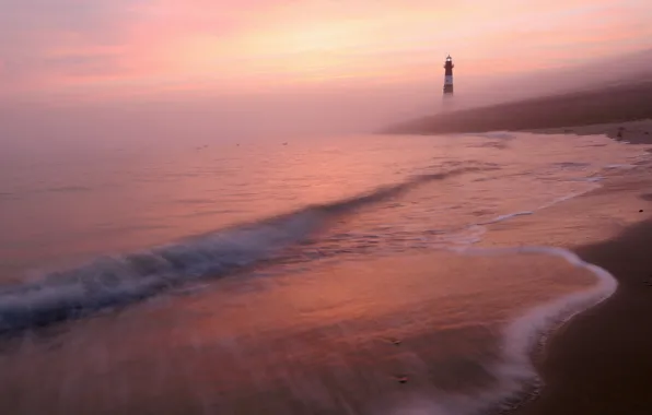Picture sea, night, fog, shore, lighthouse