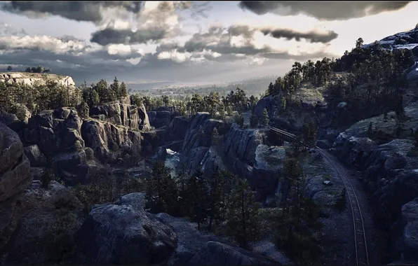 Picture HDR, Clouds, Landscape, Bridge, Mountain, Game, Rocks, Trees, Tracks, Canyon, UHD, Red Dead Redemption 2, …
