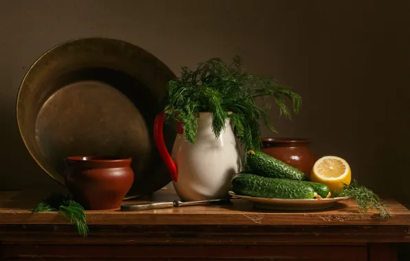 Picture the dark background, lemon, dill, pitcher, still life, pots, items, cucumbers, basin